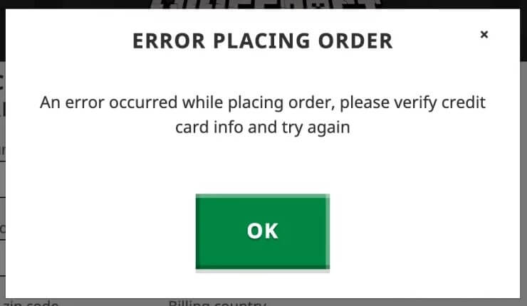 Minecraft Error Placing Order